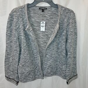 NWT Sz L Express Gray Open Front Cardigan Beaded Pearls Jewels 3/4 Sleeve